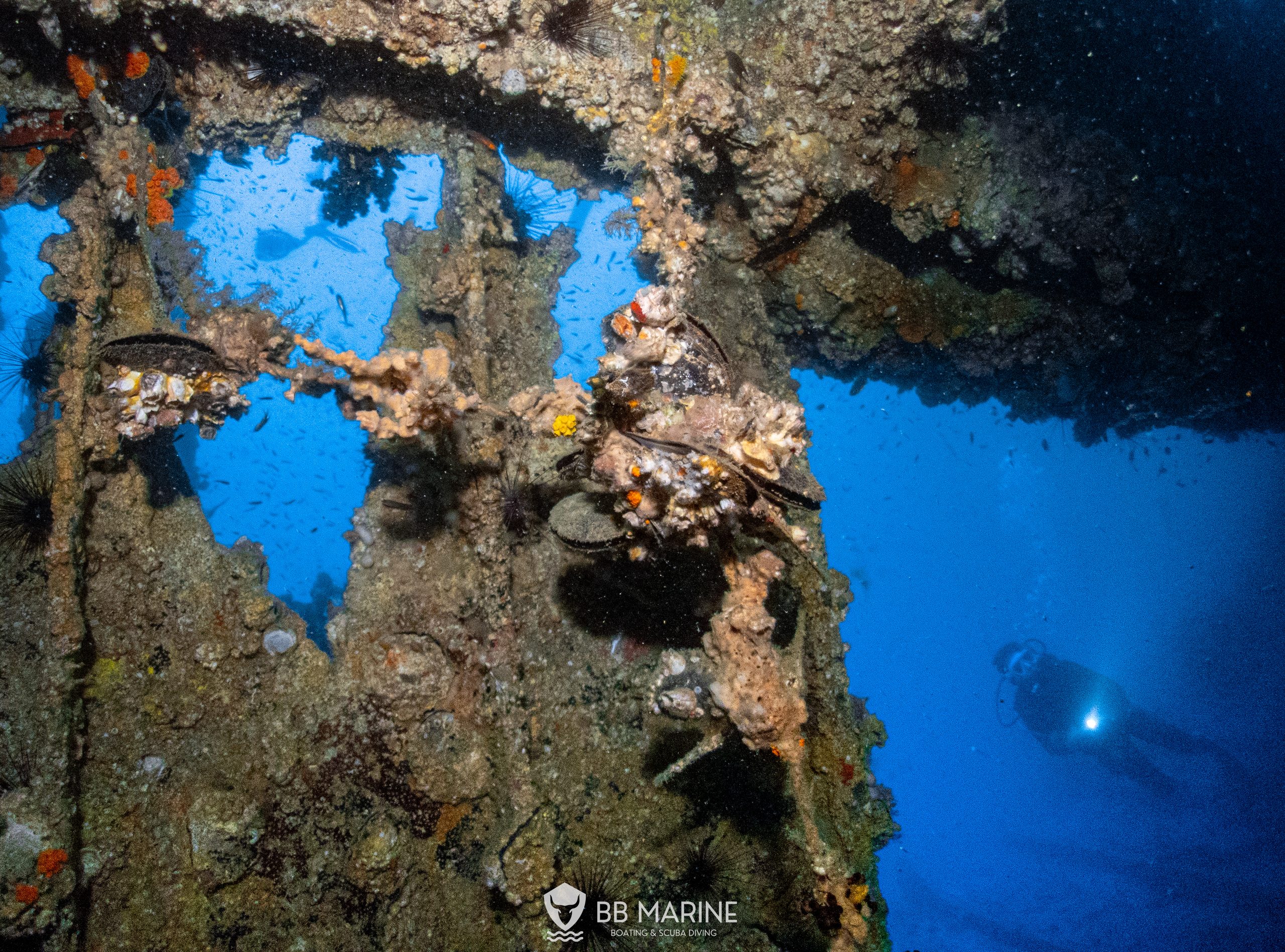 Blue light through a Navy shipwreck in the Gulf of Thailand off Pattaya